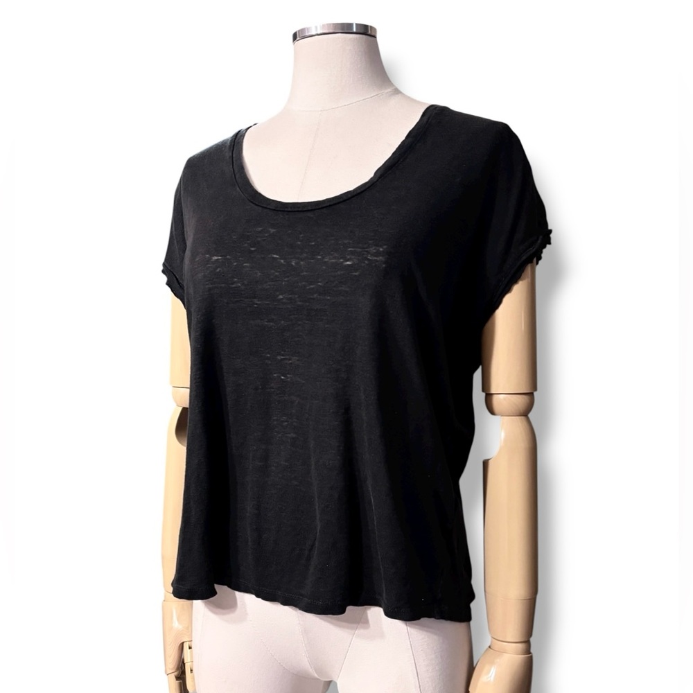 FRAME Easy Scoop Neck Organic Linen T-Shirt in Noir Size Small - Picture 2 of 12